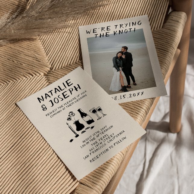 Retro Hand Drawn Champagne Quirky Photo Wedding Invitation (Creator Uploaded)