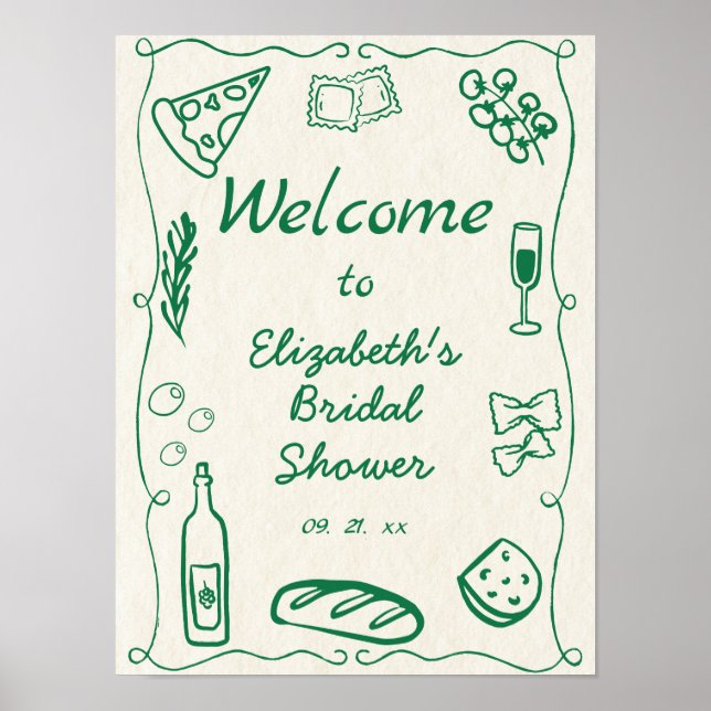 Retro Hand Drawn Doodle Italian Food Green Welcome Poster (Front)