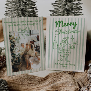 Retro Hand Drawn Festive Santa Champagne Christmas Holiday Card