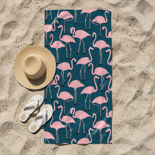 Retro Hand-Drawn Flamingo Pattern Teal Pink Beach Towel
