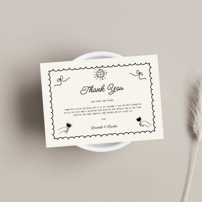 Retro Hand Drawn French Photo Horizontal Wedding Thank You Card (Creator Uploaded)