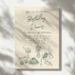 Retro Hand Drawn Funky Birthday Dinner Party Invitation<br><div class="desc">If you looking for a elegant and easily edited unique birthday brunch invitation, this one is perfect for you. As you see, it features green hand written script with whimsical BIRTHDAY DINNER on cream background. With colourful green hand drawn TABLEWARE of wine, grapes, cake , floral bouquet, bread, and candles....</div>