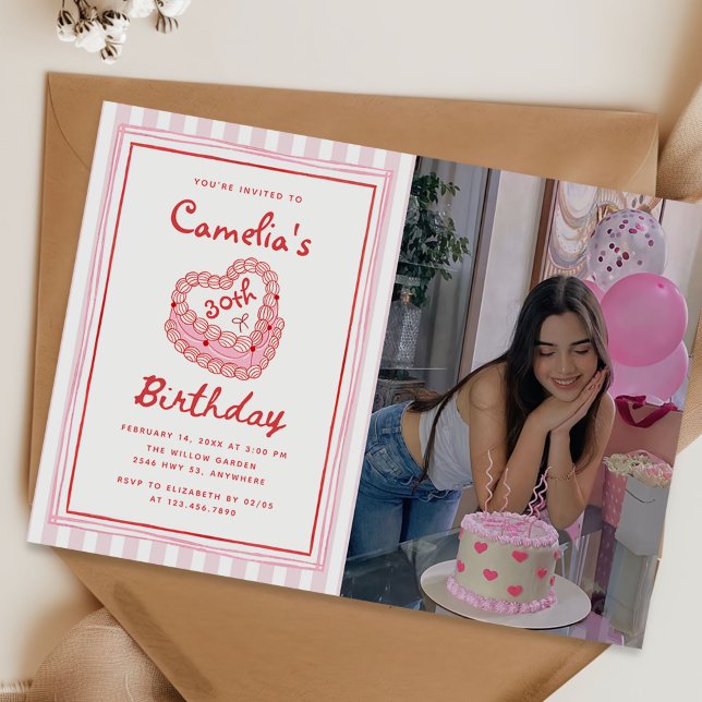 Retro Hand Drawn Girl 30th Birthday Party Photo Invitation (Creator Uploaded)