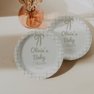 Retro Hand Drawn Green Bow Gingham Baby Shower  Paper Plate