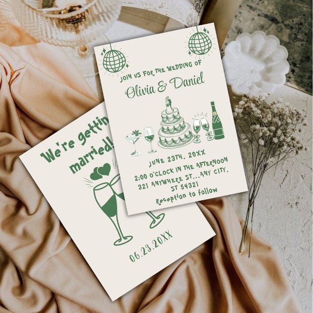 Retro Hand Drawn Green Cake Modern Wedding Invitation (Creator Uploaded)