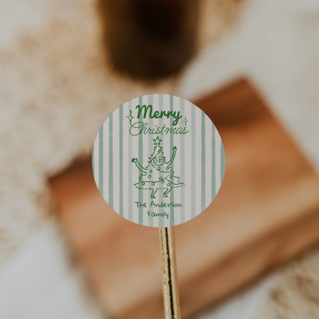 Retro Hand Drawn Green Funny Christmas Tree  Classic Round Sticker (Creator Uploaded)