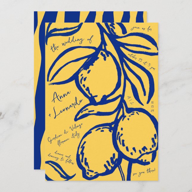 Retro Hand Drawn Handwritten Blue Italian Wedding Invitation (Front/Back)