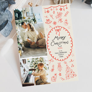 Retro Hand Drawn Icons Merry Christmas 2 Photo Holiday Card