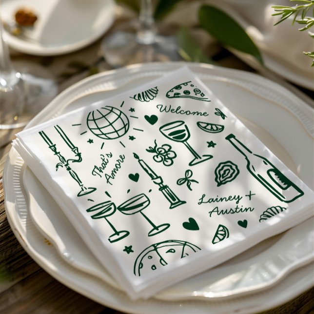 Retro Hand-Drawn Illustrated Wedding  Napkin (Retro Hand-Drawn Illustrated Wedding Napkins)