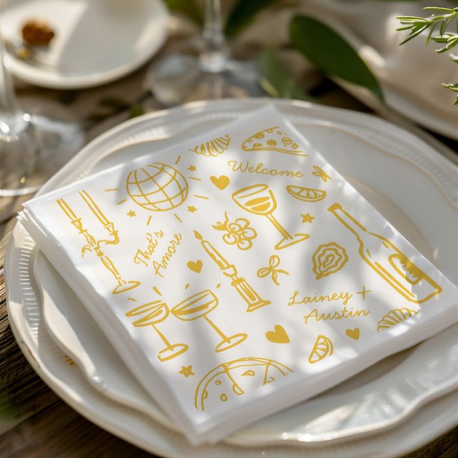 Retro Hand-Drawn Illustrated Wedding  Napkin (Retro Hand-Drawn Illustrated Wedding Napkins)