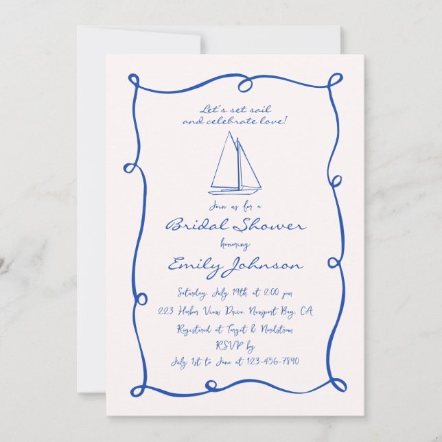 Retro Hand Drawn Nautical Sailboat Bridal Shower Invitation (Front)