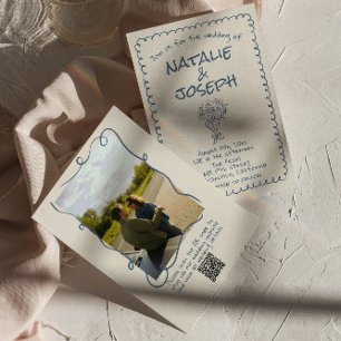 Retro Hand Drawn Navy blue QR Code Photo Wedding Invitation