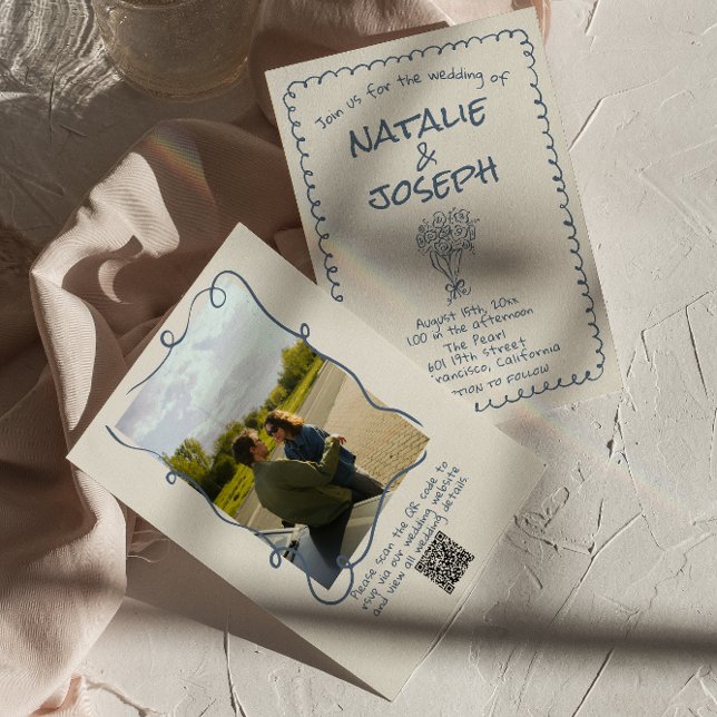 Retro Hand Drawn Navy blue QR Code Photo Wedding Invitation (Creator Uploaded)