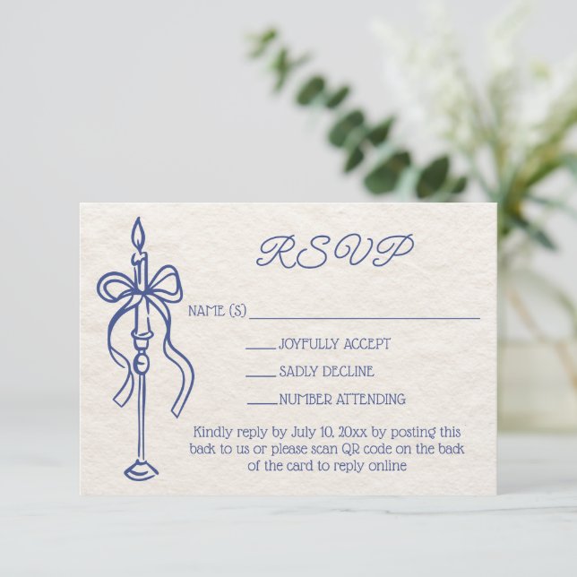 Retro Hand Drawn Navy Blue Wedding Website QR Code RSVP Card (Standing Front)