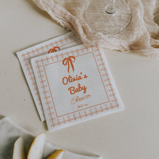 Retro Hand Drawn Orang Bow Gingham Baby Shower Napkin