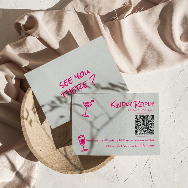 Retro Hand Drawn Pink Funky QR Code Wedding RSVP Card (Creator Uploaded)