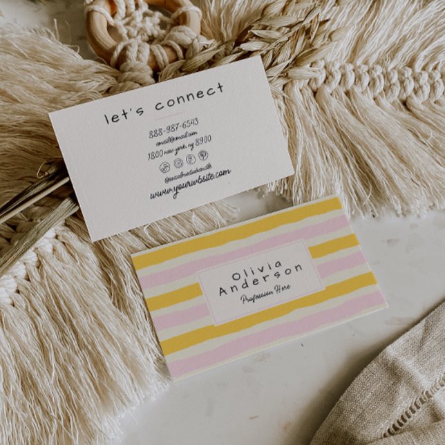 Retro Hand Drawn Pink Yellow Stripes Trendy Boho Business Card (Creator Uploaded)