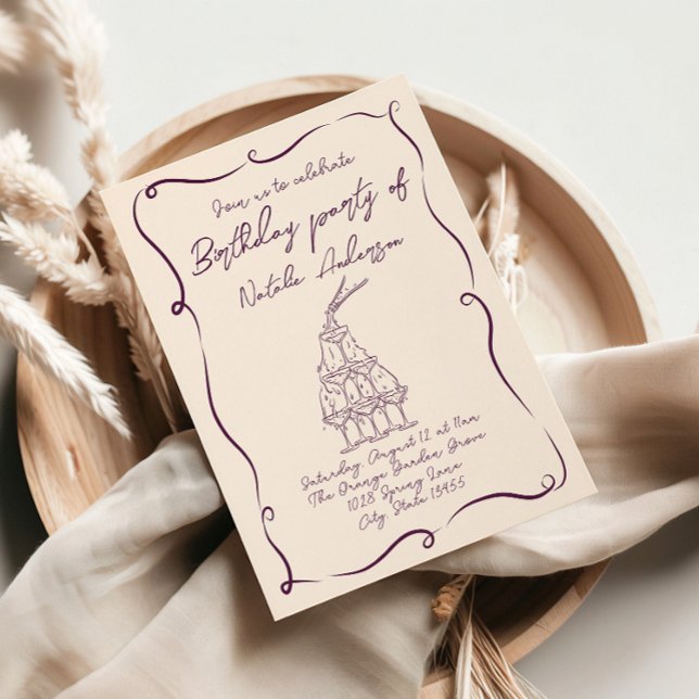 Retro Hand Drawn Purple Wavy 70s Birthday Party Invitation (Creator Uploaded)