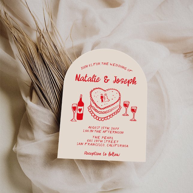 Retro Hand Drawn Red Cake Modern Arched Wedding Invitation (Creator Uploaded)