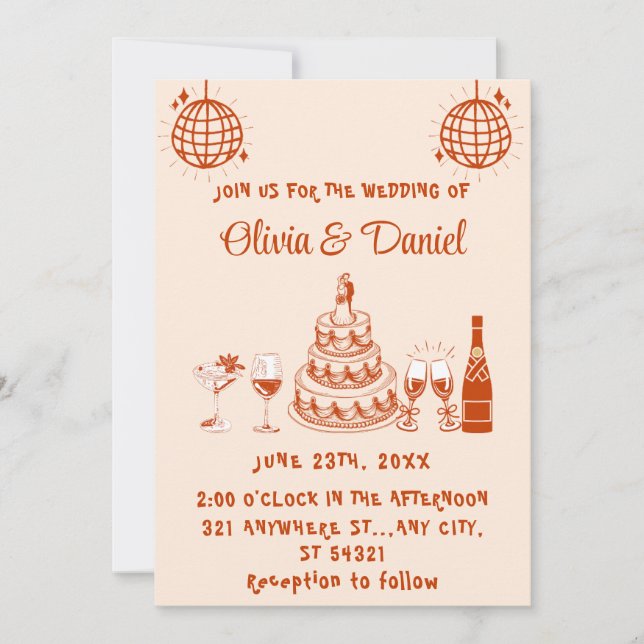 Retro Hand Drawn Red Cake Modern Wedding Invitation (Front)