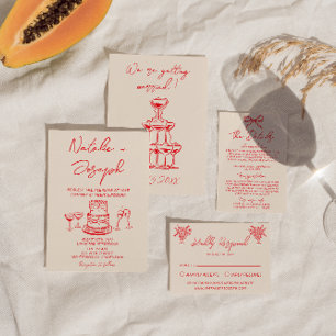 Retro Hand Drawn Red Cake Quirky Unique Wedding Invitation