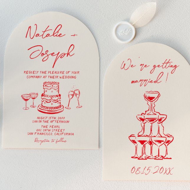 Retro Hand Drawn Red Cake Unique Arched  Wedding Invitation (Creator Uploaded)