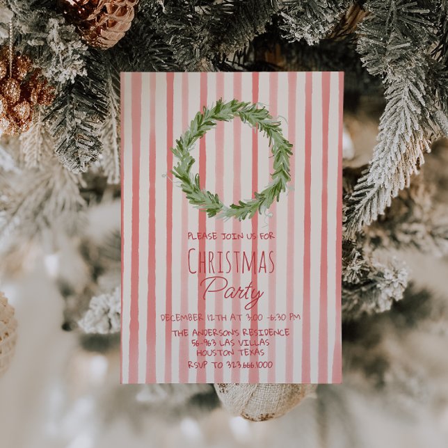Retro Hand Drawn Red Green Christmas Wreath Party  Invitation (Creator Uploaded)