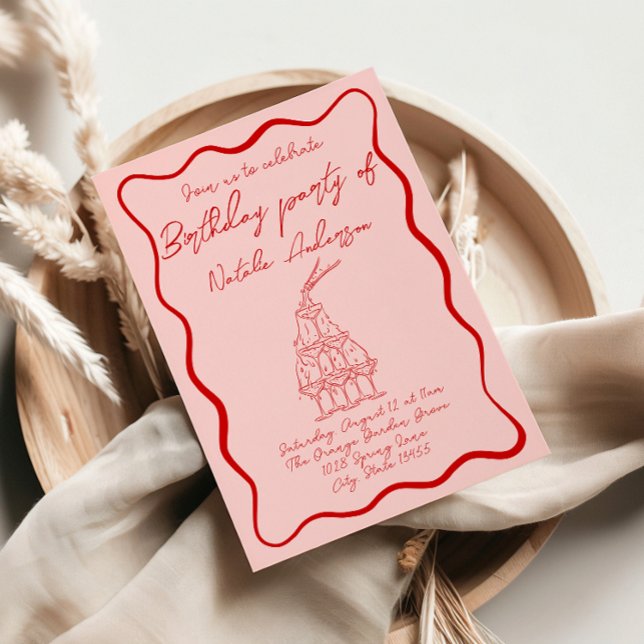 Retro Hand Drawn Red Pink Wavy 70s Birthday Party Invitation (Creator Uploaded)