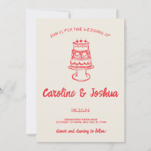 Retro Hand Drawn Red Quirky Cake Modern Wedding Holiday Card