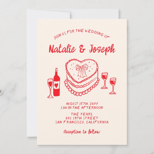 Retro Hand Drawn Red Quirky Cake Modern Wedding  I Invitation (Front)