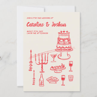 Retro Hand Drawn Red Quirky Cake Modern Wedding  Invitation