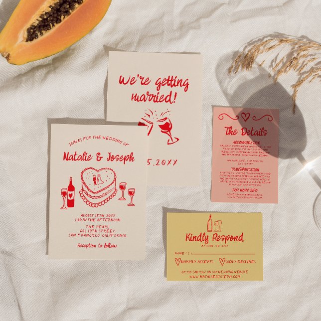 Retro Hand Drawn Red Quirky Cake Modern Wedding  Invitation (Creator Uploaded)