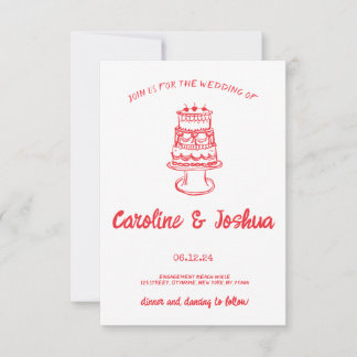 Retro Hand Drawn Red Quirky Cake Modern Wedding  Thank You Card