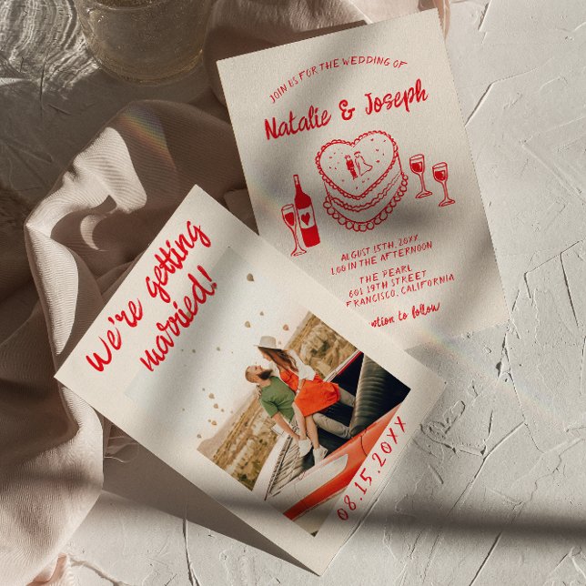 Retro Hand Drawn Red Quirky Cake Photo Wedding Invitation (Creator Uploaded)