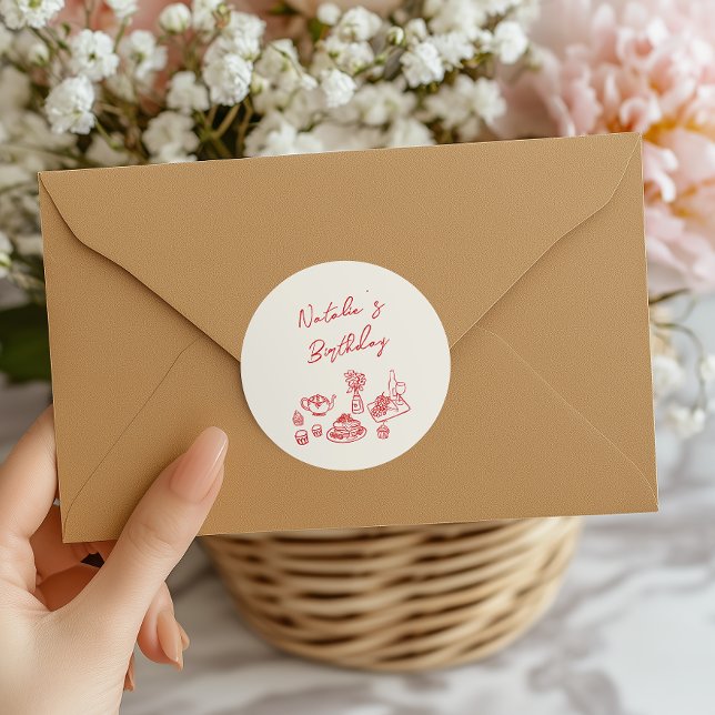 Retro Hand Drawn Red Tableware Birthday Brunch Classic Round Sticker (Creator Uploaded)