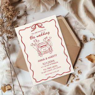 Retro Hand-drawn Red Unique Bow Wedding Car Invitation