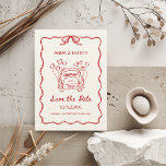 Retro Hand-drawn Red Unique Bow Wedding Car Save The Date<br><div class="desc">Announce your wedding day in style with these charming, hand-illustrated Save the Date cards, designed to capture the spirit of fun and romance! This trendy, whimsical card is perfect for couples who love a vintage touch with a twist of modern simplicity. The illustration showcases a playful wedding car trailing heart-shaped...</div>