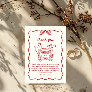 Retro Hand-drawn Red Unique Bow Wedding Car Thank You Card