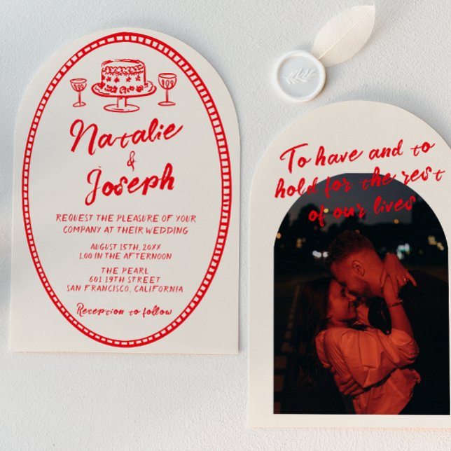 Retro Hand Drawn Red Unique Photo Arched Wedding Invitation (Creator Uploaded)