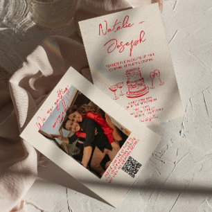 Retro Hand Drawn Red Unique QR Code Photo  Wedding Invitation
