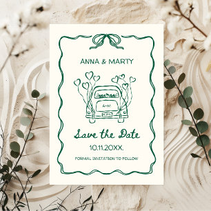 Retro Hand-drawn Sage Green Unique Bow Wedding Car Save The Date