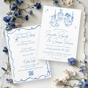 Retro Hand Drawn Scribble Blue & White Wedding Invitation