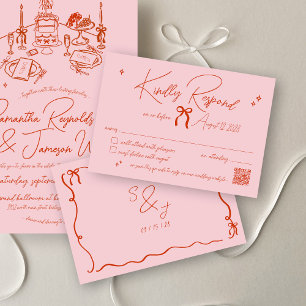 Retro Hand Drawn Scribble Pink & Red Wedding RSVP Card