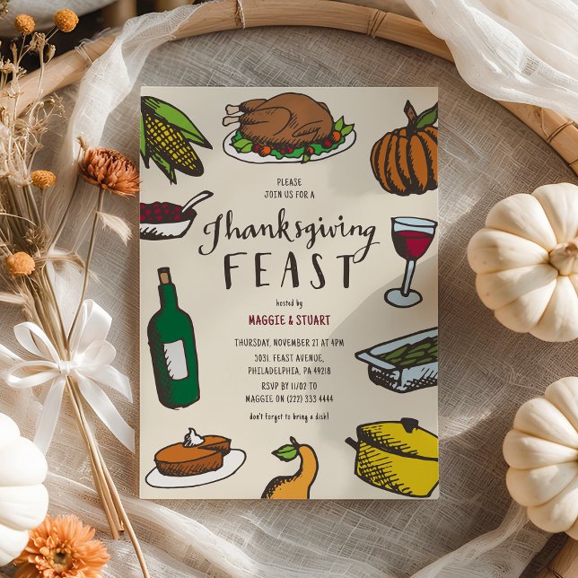 Retro Hand-drawn Thanksgiving Feast Invitation (Creator Uploaded)