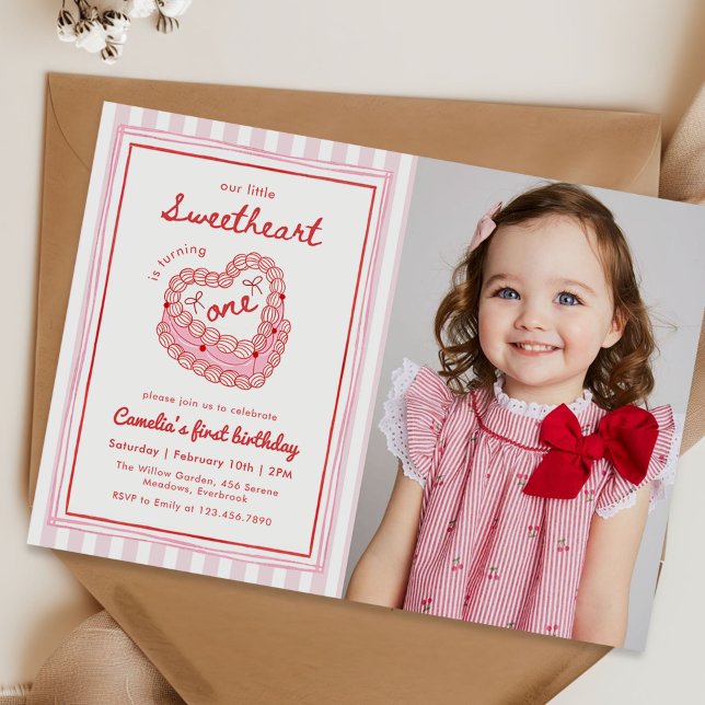 Retro Hand Drawn Valentine First Birthday Photo Invitation (Creator Uploaded)