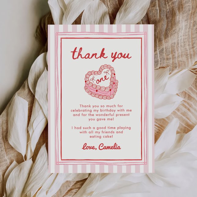 Retro Hand Drawn Valentine Girl First Birthday Thank You Card (Creator Uploaded)