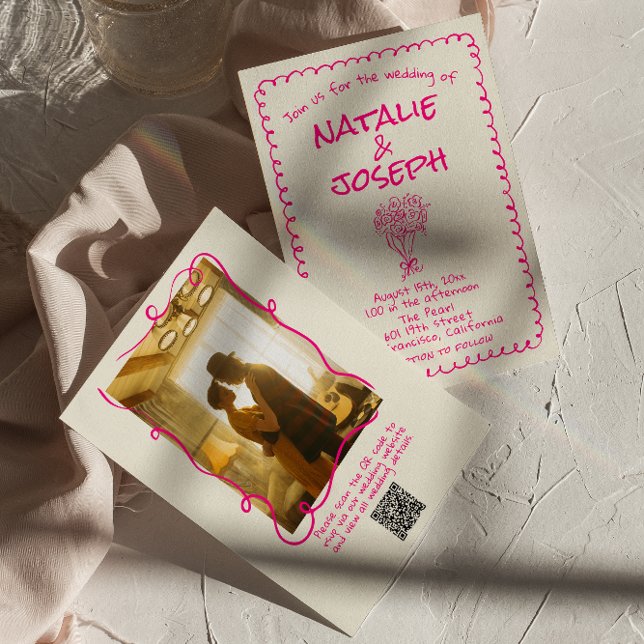 Retro Hand Drawn Vivid Pink Photo QR Code Wedding Invitation (Creator Uploaded)
