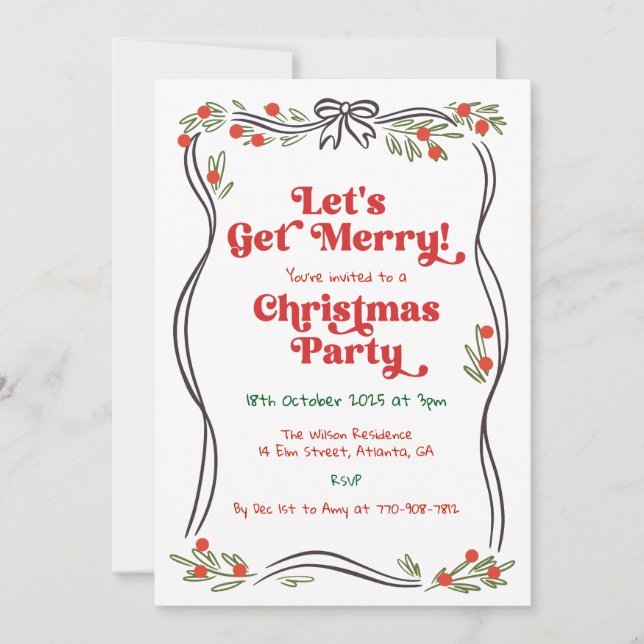 Retro Hand Drawn Whimsical Christmas Party Invitation (Front)