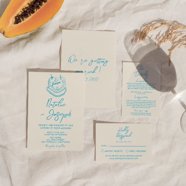 Retro Hand Drawn Written Cake Bold Unique Wedding Invitation (Creator Uploaded)