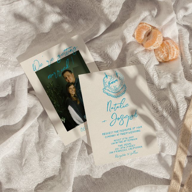 Retro Hand Drawn Written Cake Photo Unique Wedding Invitation (Creator Uploaded)